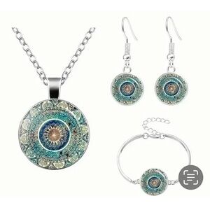 NEW Teal Mandala Cabochon Jewelry Set